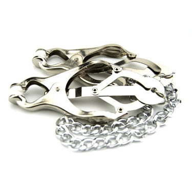Intricate arrangement of silver metal clover nipple clamps with a connecting chain, perfect for enhanced pleasure experiences.